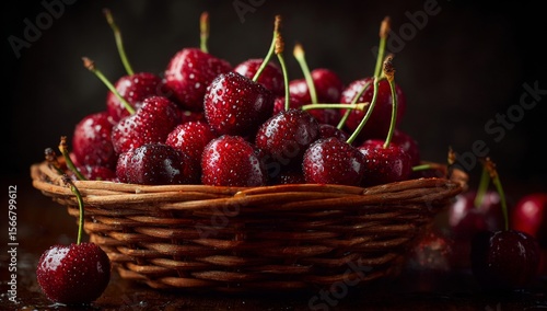Delicious Ripe Cherries in a Wicker Basket A Close-Up of Fresh Fruit with Water Droplets