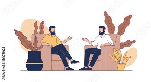 Two men with beards are sitting in comfortable chairs in a room discussing something important between themselves professionally