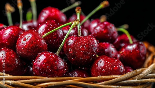 Vibrant, juicy red cherries glistening with fresh water droplets, artfully arranged in a rustic woven basket, showcasing their luscious appeal and readiness for enjoyment.