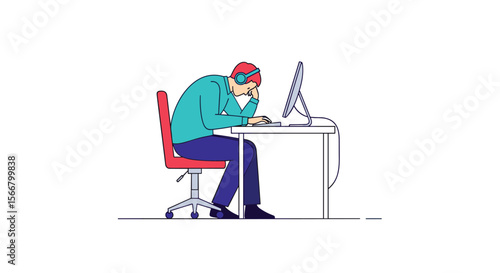Feeling overwhelmed and stressed while working hard on a computer project at a desk with headphones on