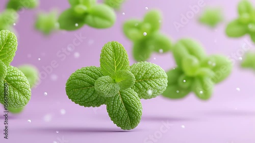 Fresh mint leaves floating in mid-air on a soft lilac background with tiny water particles suspended in space. The image captures freshness, purity, and a herbal aesthetic in a minimalist style