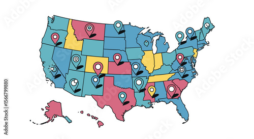Discovering diverse locations across the united states marking important places on an illustrated map