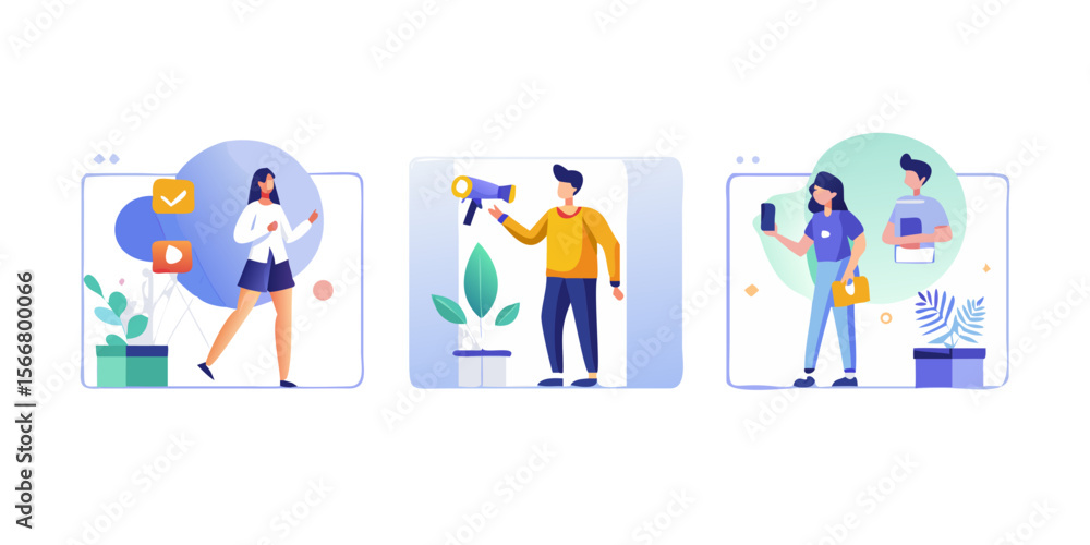 Naklejka premium Woman with Brush and Man with Wine Vector Illustration Set