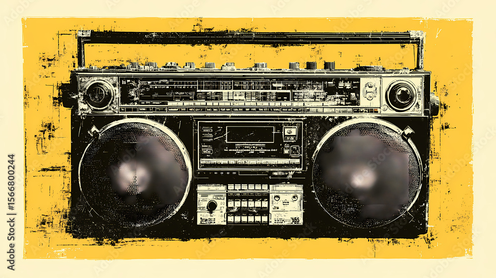 Fototapeta premium fractured iconography. | sharp edge masking | mid-century advertising | brutalist graphics | Retro boombox radio stencil illustration stamp with distressed grunge texture isolated on transparent