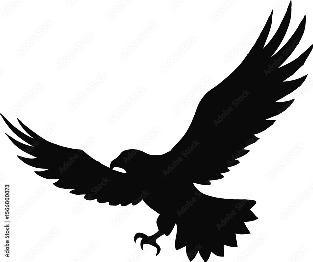 Obraz premium A captivating black silhouette illustration of a flying bird, possibly an eagle or falcon, with prominent wings, perfect for a tattoo design