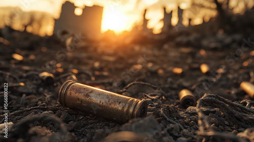  A single bullet casing lying on battlefield soil at sunset