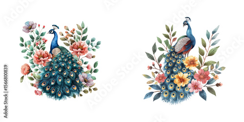 peacock and flowers watercolor vector illustration