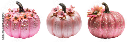 Set of Watercolor pink pumpkin with elegant gold foil splashes and sparkling highlights on transparent png background. Ai generated