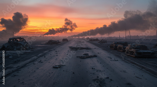A desolate war-torn road at dusk lined with destroyed vehicles