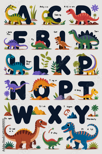 Godzilla vector roaring dinosaur alphabet chart for kids, fun, educational. Suitable for childrens learning materials, school projects, and posters.