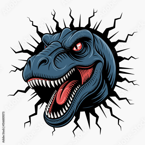 Godzilla vector  blue Trex head bursting through hole. Ideal for dynamic designs, monsterthemed projects, and vibrant illustrations.