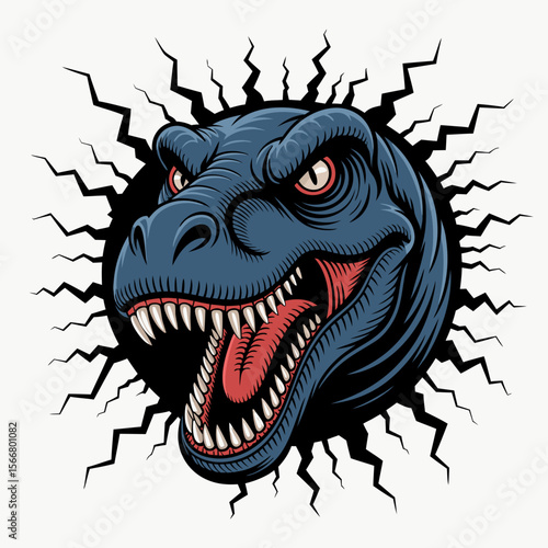 Godzilla vector  blue Trex head bursting through hole. Ideal for dynamic designs, monsterthemed projects, and vibrant illustrations.