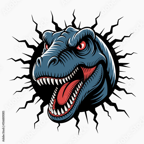 Godzilla vector  blue Trex head bursting through hole. Ideal for dynamic designs, monsterthemed projects, and vibrant illustrations.