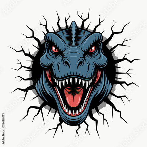 Godzilla vector  blue Trex head bursting through hole. Ideal for dynamic designs, monsterthemed projects, and vibrant illustrations.