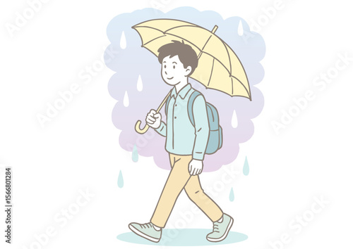 カジュアルな服装で傘を差して歩く男性のイラスト（梅雨・雨の日）