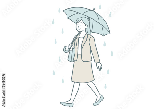 雨の日に傘をさして通勤する女性ビジネスマンのイラスト（梅雨・通勤風景）