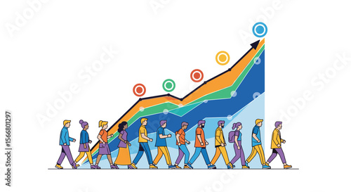 Visualizing collective progress diverse individuals marching towards a steadily ascending growth chart symbolizing success and future achievements