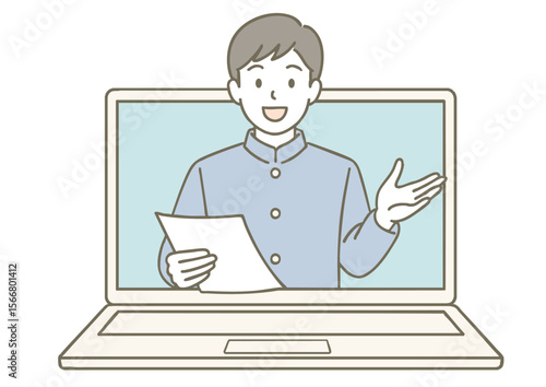 学ラン姿の男子高校生がオンライン授業に参加するイラスト