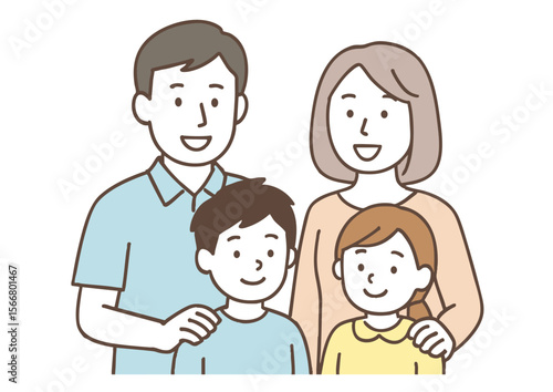 笑顔の家族4人のイラスト（父・母・息子・娘）