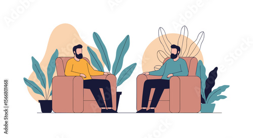 Two bearded men in casual clothing sitting opposite each other in plush armchairs engaged in a conversation with a backdrop of abstract shapes and lush green plants indoors