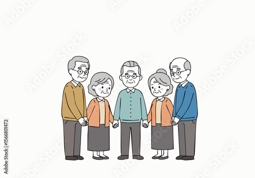 Cute Handdrawn Group of Senior People Standing Together Character Illustration