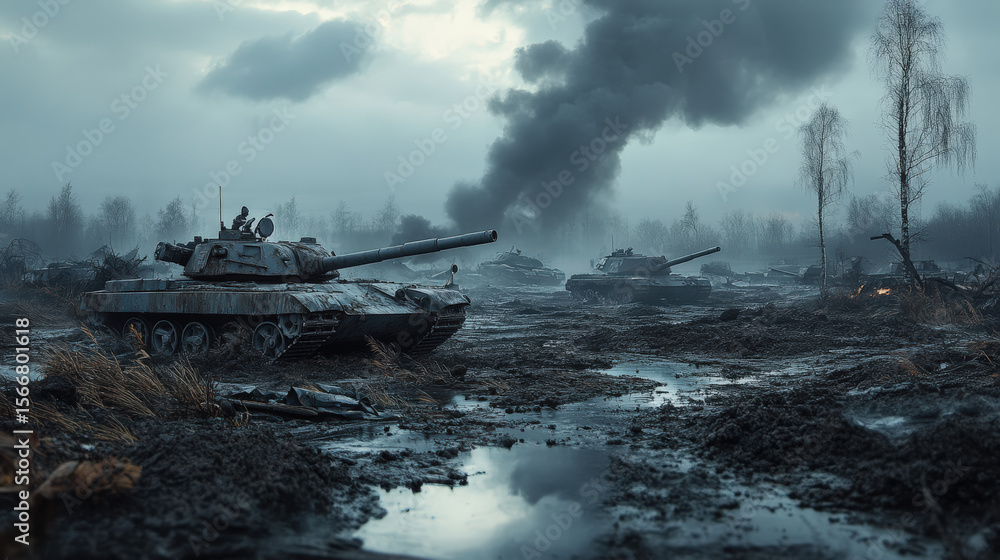 Fototapeta premium Abandoned battlefield with damaged tanks and smoke in misty environment