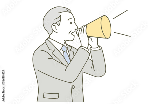 メガホンで呼びかけるスーツ姿のシニア男性のイラスト