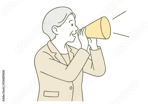 メガホンで呼びかけるスーツ姿のシニア女性のイラスト