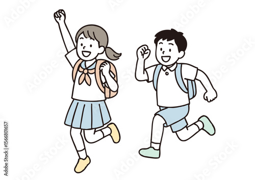 リュックを背負って元気に走る中学生の男女のイラスト