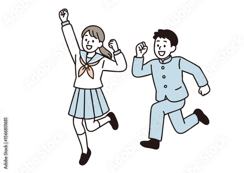 ジャンプする高校生の男女ペア（学ランとセーラー服）
