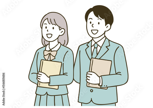 資料とノートパソコンを持った高校生男女の学習シーン