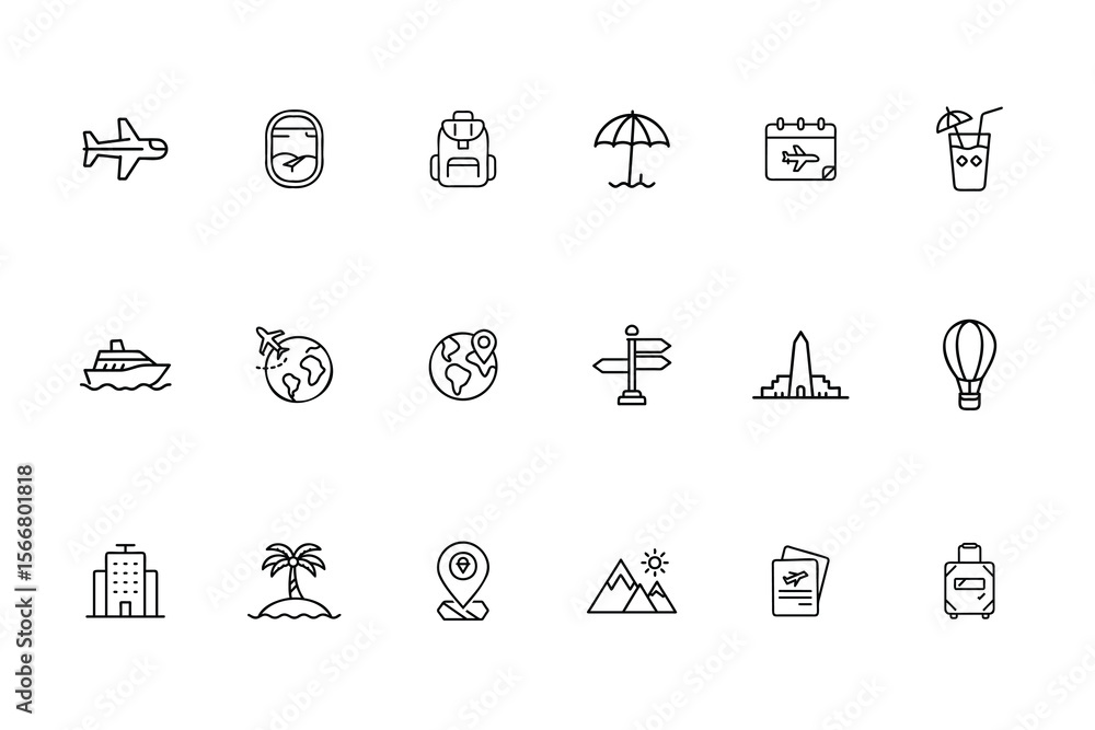 Fototapeta premium Line travel icons featuring airplane window backpack umbrella calendar cocktail boat globe signpost