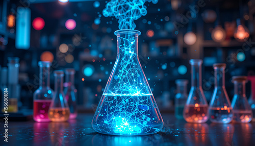 Glowing Erlenmeyer flask shows scientific experiments with blue light and futuristic technology in a research laboratory for science development.