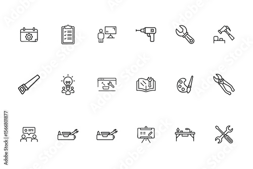 Line icons tools objects including calendar presentation drill wrench hammer saw Bundle