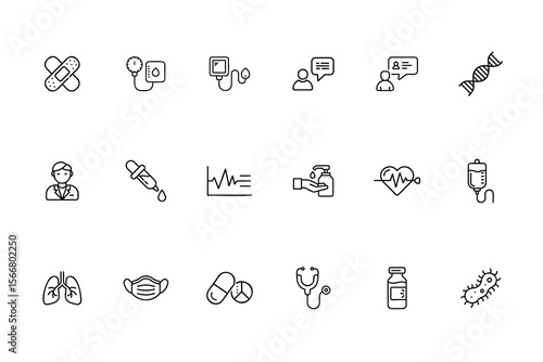 Line icons medical healthcare elements including bandage blood pressure D N A doctor stethoscope