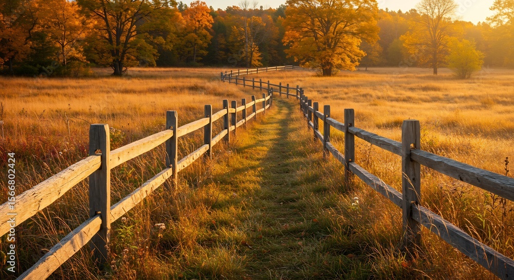 Fototapeta premium Golden Hour Autumn Landscape: Winding Fence, Trees, and Warm Sunlight.