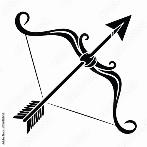 Stylized black bow and arrow graphic with ornate design elements