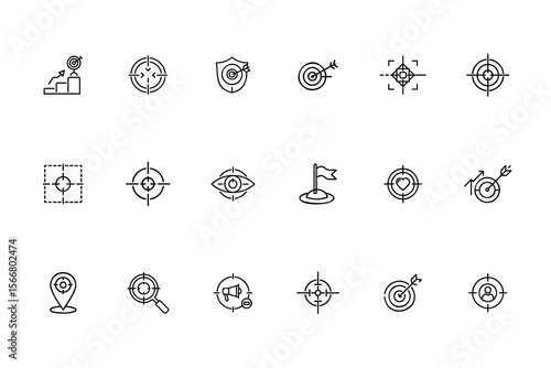 Line icons targets goals including arrows bullseyes eye flag location magnifying glass person