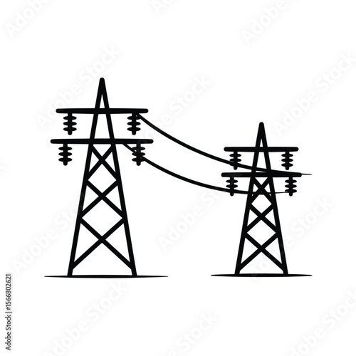 Simple black line drawing of two electricity pylons with power lines against a white background
