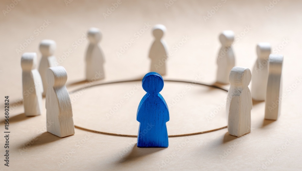 Obraz premium Blue wooden figure representing a leader at the center of a circle of white figures, symbolizing teamwork, individuality, and effective management.