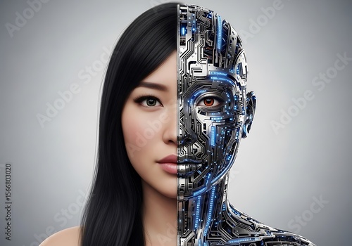 Futuristic Portrait of a Woman with Half Human and Half Cyborg Face. (AI Generated)