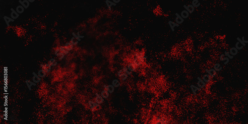Red color powder explosion isolated on black background. Colorful dust explode. Paint Holi, dust particles splash. Network concept with spray. Futuristic technology element. 3D rendering.