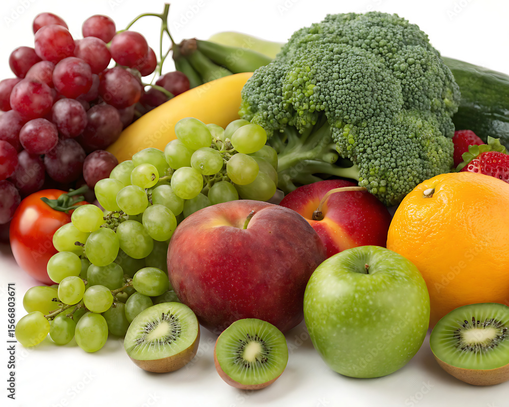 A vibrant display of fresh fruits and vegetables including grapes broccoli and kiwi on white background A vibrant display of fresh fruits and vegetables including grapes broccoli and kiwi on white background
