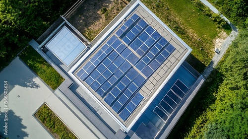 Rooftop solar panels installed on a modern building generating clean renewable energy from sunlight