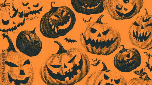 fractured iconography. | sharp edge masking | mid-century advertising | brutalist graphics | Set of silkscreen print illustrations of halloween pumpkins (jack-o-lanterns) with various expressions on