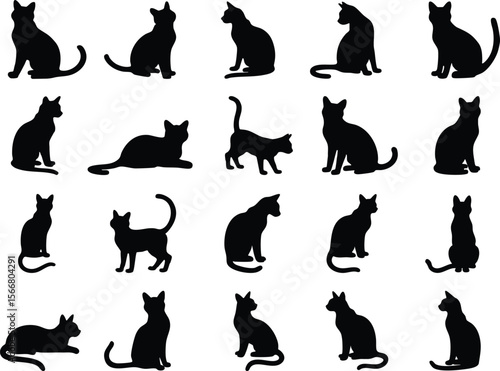 Set of black cat silhouettes and pet icons in vector style