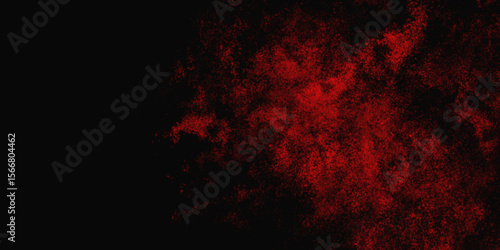 Red color powder explosion isolated on black background. Colorful dust explode. Paint Holi, dust particles splash. Network concept with spray. Futuristic technology element. 3D rendering.