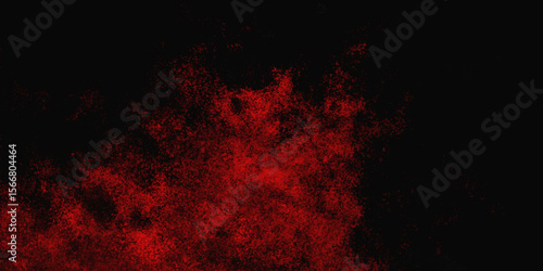 Red color powder explosion isolated on black background. Colorful dust explode. Paint Holi, dust particles splash. Network concept with spray. Futuristic technology element. 3D rendering.