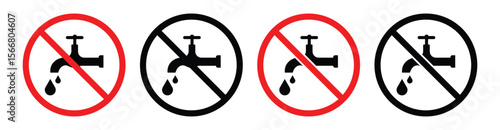 No Drinking Water Icon – Red Prohibition Sign with Faucet and Glass – Flat Vector Illustration.