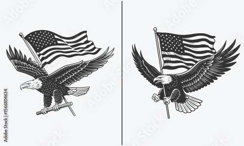 Patriotic Eagle Illustrations with American Flags, Featuring Eagles in Flight and Perched with Flag Designs